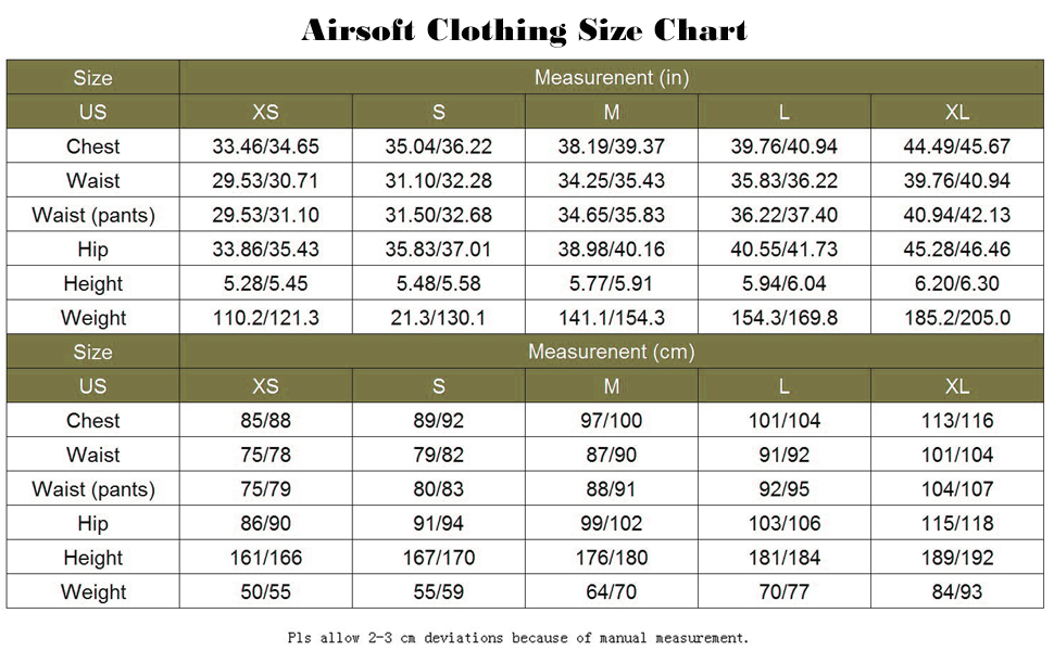 Airsoft Clothing Size Chart