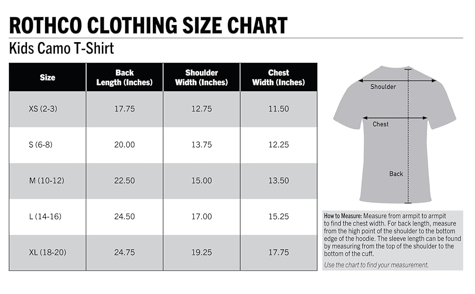 Rothco Kids Camo T-Shirt T Shirt Tee Size Chart Sizing Info Information Dims Measurements